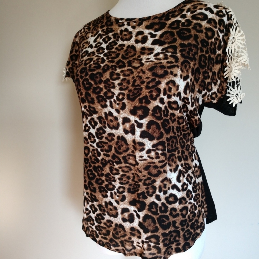 Animal Print Lace Cap Sleeve Blouse